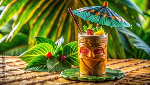 Colorful, ornate tiki-inspired cup with umbrella, garnish, and straw, sits on a tropical leaf-patterned tablecloth, surrounded by ice and sunny ambiance. photo