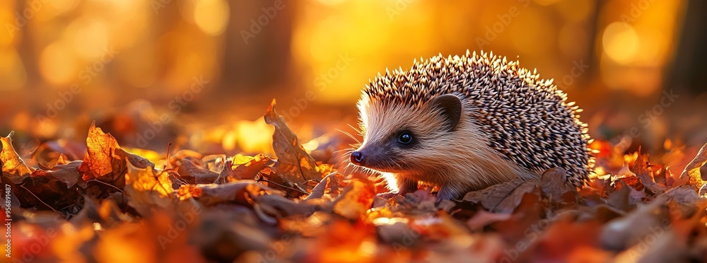 Hedgehog in Autumn Forest, Golden Light, AI generated illustration Hedgehog in Autumn Forest, Golden Light, AI generated illustration
