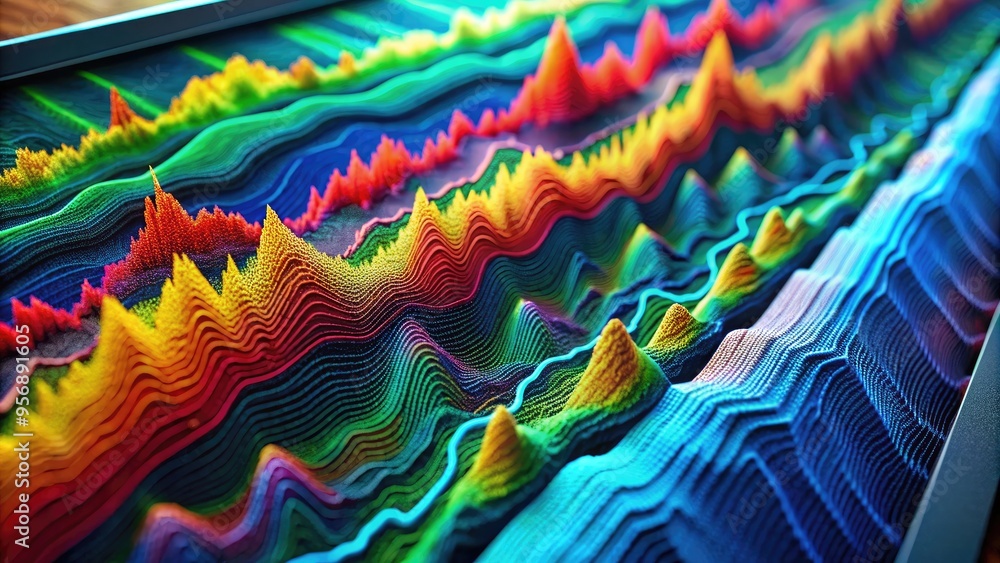 © Sirinporn - Colorful 3D visualization of seismic data waves on a computer screen, showing subsurface geological structures and fault lines in high-resolution detail.