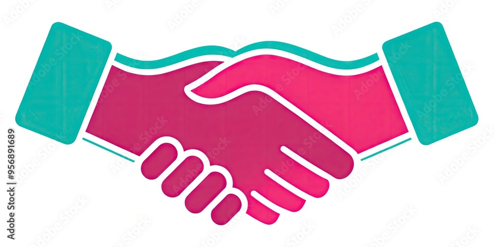 Colorful and playful handshake graphic with a whimsical logo design in a mix of bright pink and turquoise hues creating a lighthearted and youthful tone Colorful and playful handshake graphic with a whimsical logo design in a mix of bright pink and turquoise hues creating a lighthearted and youthful tone