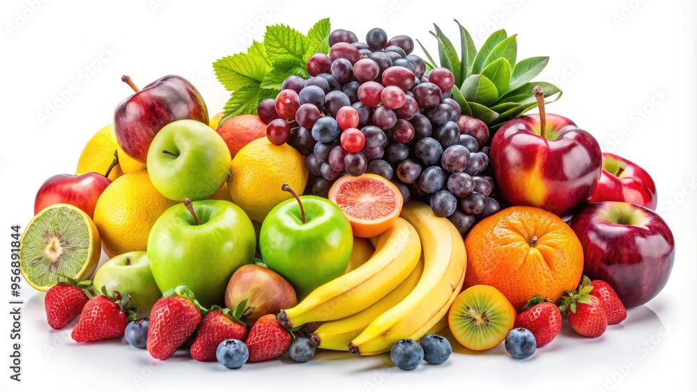 Colorful arrangement of vibrant fruits, including apples, bananas, and grapes, set against a clean white background, outlined with playful hand-drawn linear details. Colorful arrangement of vibrant fruits, including apples, bananas, and grapes, set against a clean white background, outlined with playful hand-drawn linear details.