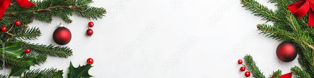 Christmas greeting card. Frame of Christmas decorations, gift and fir-tree. White background as copy space. Elegant classic style.