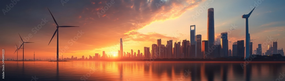 Fototapeta premium Stunning sunset skyline with wind turbines, reflecting vibrant colors on calm water in an urban landscape.