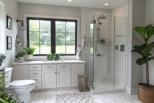 Wallpaper Mural Minimalist Bathroom A clean, simple bathroom with white tiles, a floating vanity, and a walk-in shower. Include modern fixtures and natural light Torontodigital.ca