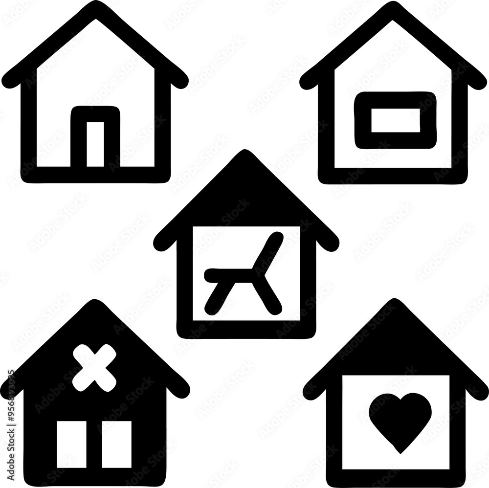 A comprehensive set of home icons designed for digital platforms, offering a range of house shapes from traditional to modern. This collection includes multiple variations, such as simple rooftops, A comprehensive set of home icons designed for digital platforms, offering a range of house shapes from traditional to modern. This collection includes multiple variations, such as simple rooftops,
