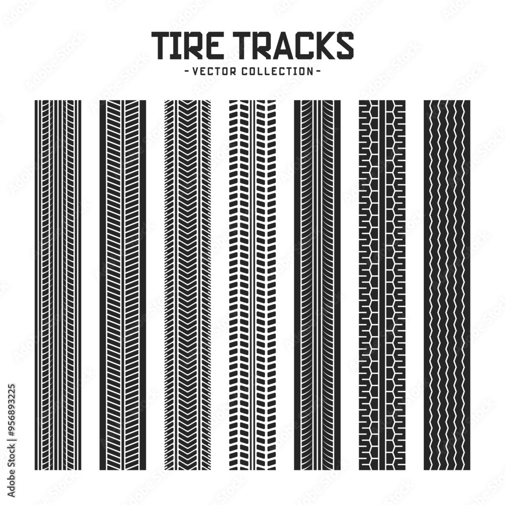 Tire tracks, wheel braking marks. Truck, car or motorcycle tread pattern silhouettes. Auto race, motorsport, speed racing design element. Vector illustration Tire tracks, wheel braking marks. Truck, car or motorcycle tread pattern silhouettes. Auto race, motorsport, speed racing design element. Vector illustration