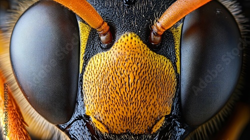 Close-Up Macro of a Wasp's Face Showing Compound Eyes, Antennae, and Facial Texture photo