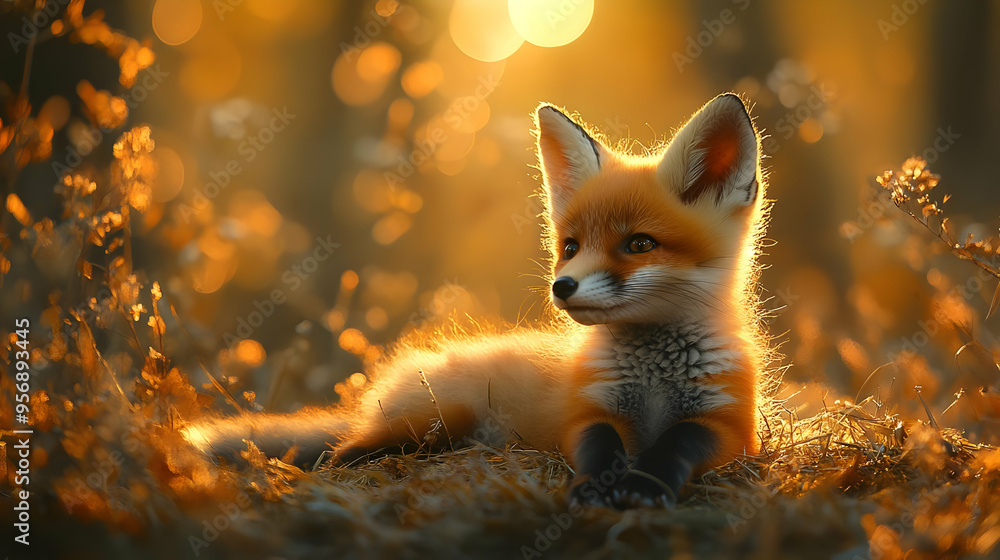 Cute Red Fox Kit in Golden Sunset Light - Illustration Cute Red Fox Kit in Golden Sunset Light - Illustration