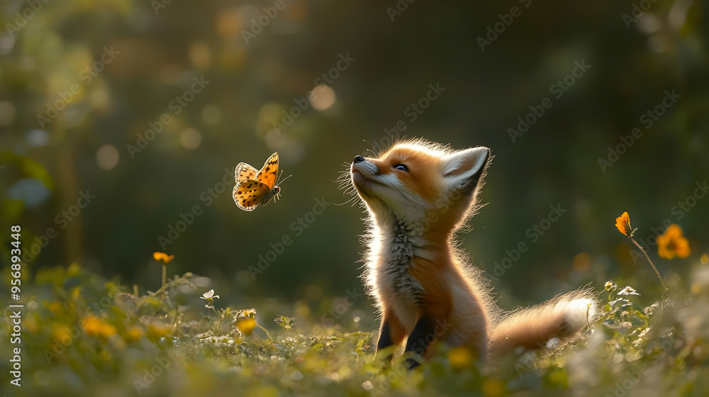 Cute Red Fox Kit Looking Up at a Butterfly Illustration Cute Red Fox Kit Looking Up at a Butterfly Illustration
