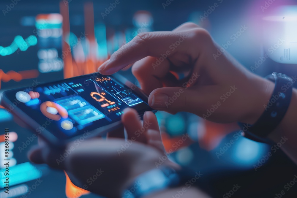 A person interacting with a smartphone displaying data analytics and digital graphs in a modern workspace. A person interacting with a smartphone displaying data analytics and digital graphs in a modern workspace.