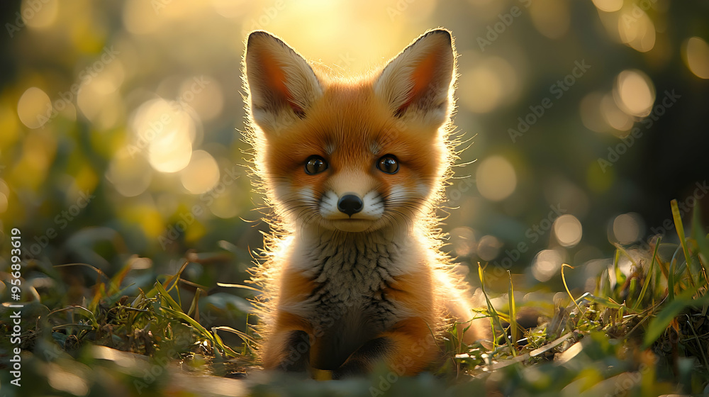 Obraz premium Cute Little Fox Sitting in the Grass Illustration