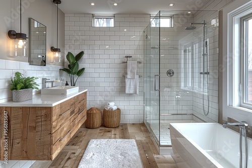 Minimalist Bathroom A clean, simple bathroom with white tiles, a floating vanity, and a walk-in shower. Include modern fixtures and natural light