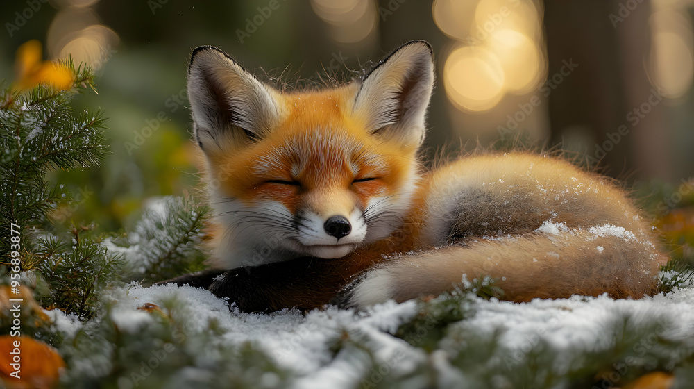 Obraz premium Sleeping Fox in Winter Wonderland - Realistic Photo
