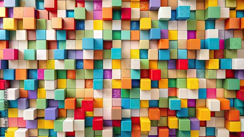 Colorful geometric composition featuring randomly arranged squares of varying sizes, textures, and hues, creating a vibrant and dynamic abstract pattern on a white background.