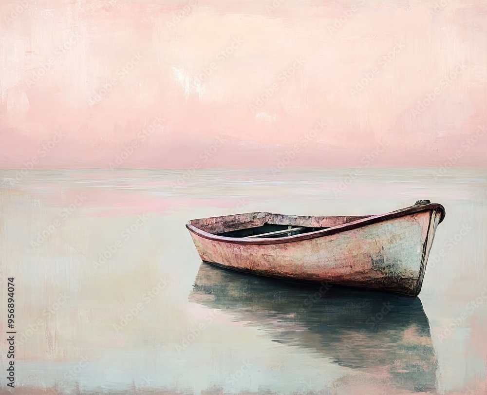 Boat in Dreamy Realism on Water, AI generated illustration Boat in Dreamy Realism on Water, AI generated illustration