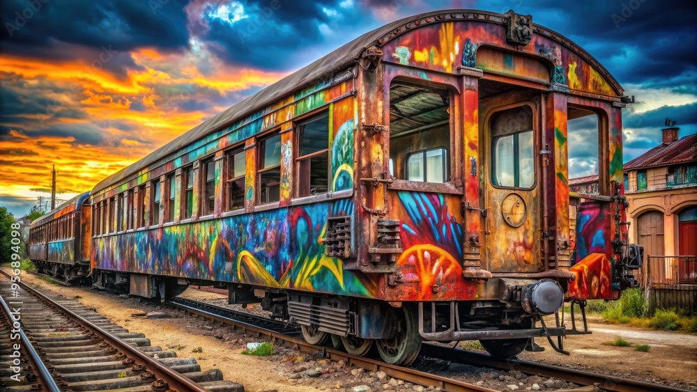 Colorful graffiti covers the rusty metal facade of an abandoned train, vibrant tags and murals transforming the decaying transportation relic into a street art masterpiece. Colorful graffiti covers the rusty metal facade of an abandoned train, vibrant tags and murals transforming the decaying transportation relic into a street art masterpiece.