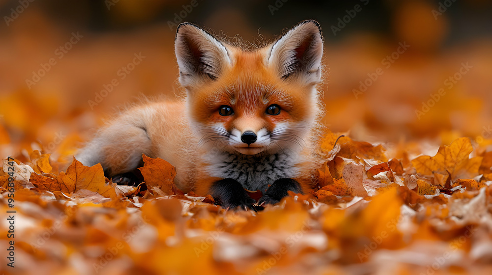 Cute Fox Cub Among Autumn Leaves - Realistic Photo Cute Fox Cub Among Autumn Leaves - Realistic Photo