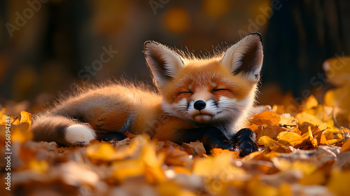 Cute Red Fox Sleeping in a Pile of Autumn Leaves Illustration