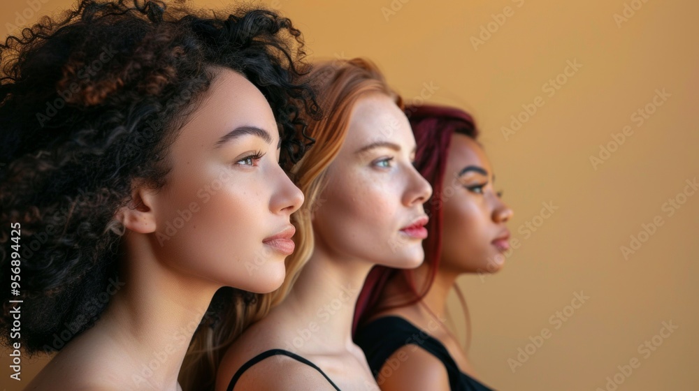 Image shows 3 diverse women in unity: dark skin, blue eyes, purple headscarf. Poised expressions convey optimism & unity, looking forward. Image shows 3 diverse women in unity: dark skin, blue eyes, purple headscarf. Poised expressions convey optimism & unity, looking forward.