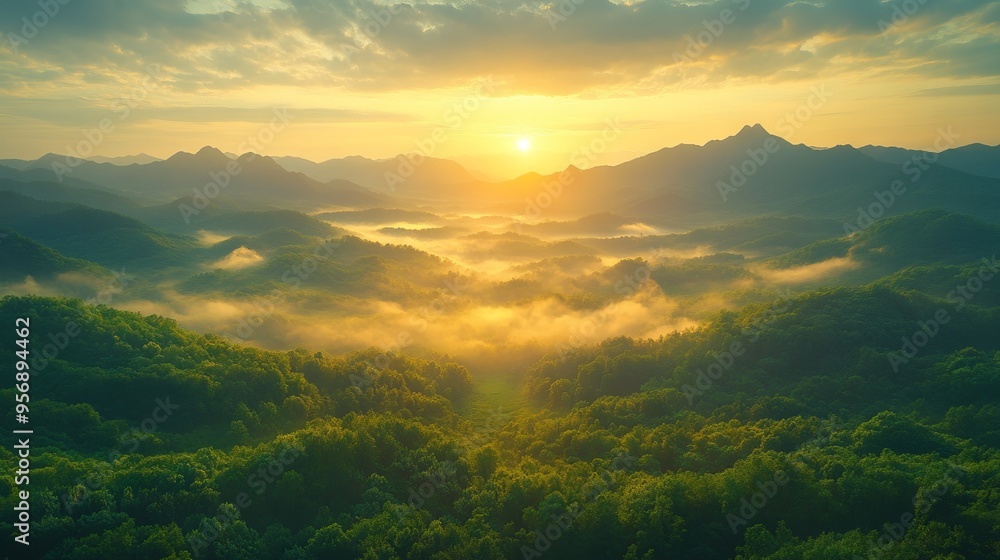 Fototapeta premium Golden Sunrise Over Verdant Peaks, AI generated illustration