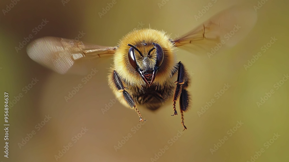 Close-up of a Bumble Bee in Flight with Blurred Background Close-up of a Bumble Bee in Flight with Blurred Background