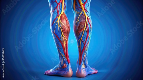 Colorful illustration of a diseased leg vein with bulging, twisted, and inflamed vessels, showcasing symptoms of chronic venous insufficiency and peripheral vascular disease.