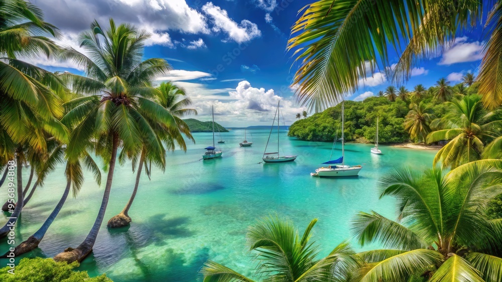 Fototapeta premium Palm trees sway above a serene turquoise lagoon, surrounded by lush greenery and sailboats, evoking a sense of relaxation and tropical tranquility.