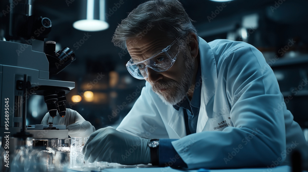A scientist in a lab coat and safety goggles is using a microscope in a laboratory setting, focusing intently on his work. The atmosphere appears to be professional and scientific. A scientist in a lab coat and safety goggles is using a microscope in a laboratory setting, focusing intently on his work. The atmosphere appears to be professional and scientific.