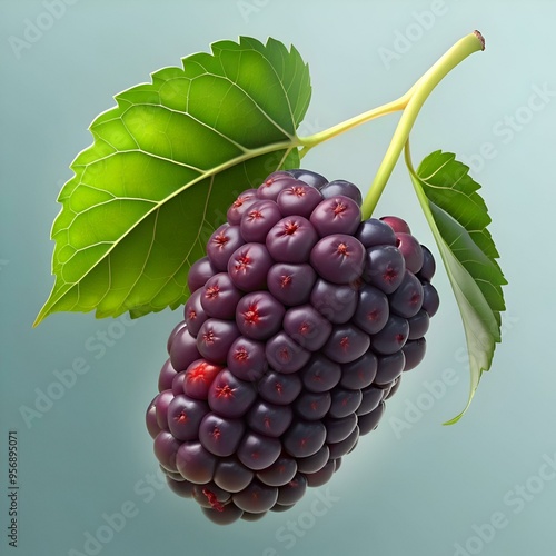 A 3D illustration of a ripe mulberry with a vibrant green leaf. photo