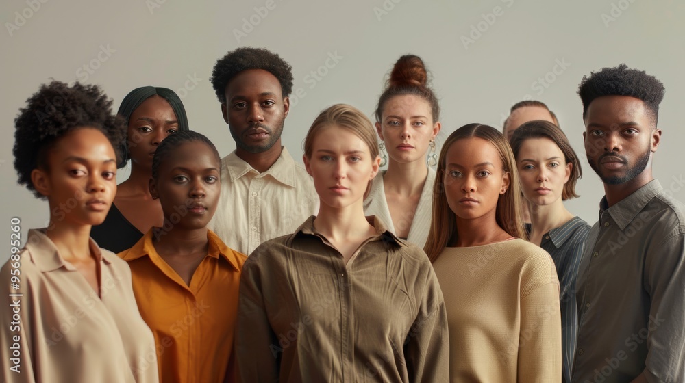 An assembled group of people in various attire, standing aligned, showcasing a sense of connection and unity amidst their individual uniqueness. An assembled group of people in various attire, standing aligned, showcasing a sense of connection and unity amidst their individual uniqueness.