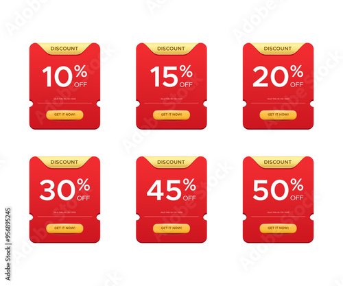 Discount voucher promotion with 10, 15, 20, 30, 45, 50 percent off banner. Vector design for product promotion, ecommerce, shopping promotion, online sale, special offer, marketing program, promotion