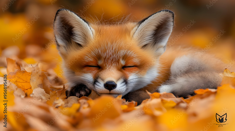 Sleeping Fox in Autumn Leaves - Realistic Photo Sleeping Fox in Autumn Leaves - Realistic Photo