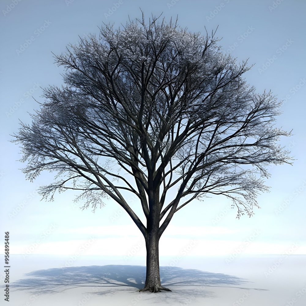 A solitary 3D rendered black ash tree stands tall against a pale blue sky. A solitary 3D rendered black ash tree stands tall against a pale blue sky.