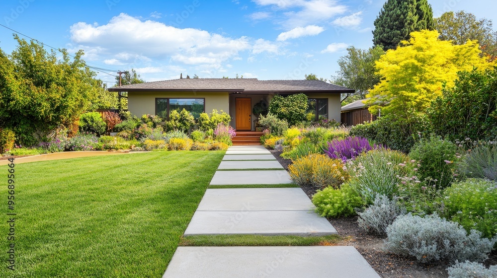 Naklejka premium Front view of a house with a vibrant garden and a clean concrete walkway, showcasing a beautifully landscaped front yard. Ideal for outdoor living concepts.