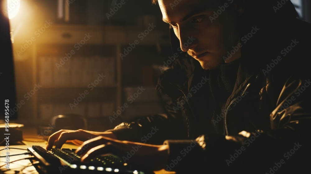 A focused individual works on a keyboard in a dimly lit room, bathed in warm light, creating an atmosphere of concentration and intensity. A focused individual works on a keyboard in a dimly lit room, bathed in warm light, creating an atmosphere of concentration and intensity.
