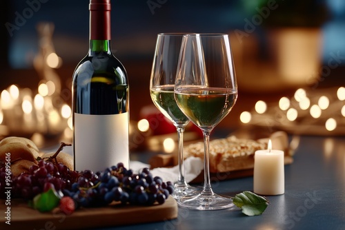 Still life, wine bottle, filled glasses, soft lighting creates an intimate and cozy setting