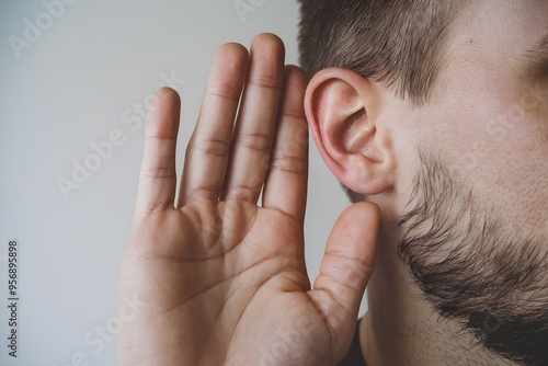 Mans hand near ear, indicating attentive listening, emphasizing communication photo