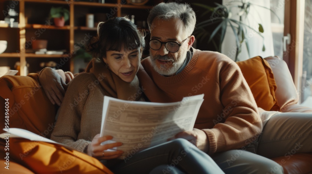 A couple enjoys a cozy moment on the sofa, reading a document together in their warmly lit living room, reflecting love, partnership, and shared interests. A couple enjoys a cozy moment on the sofa, reading a document together in their warmly lit living room, reflecting love, partnership, and shared interests.