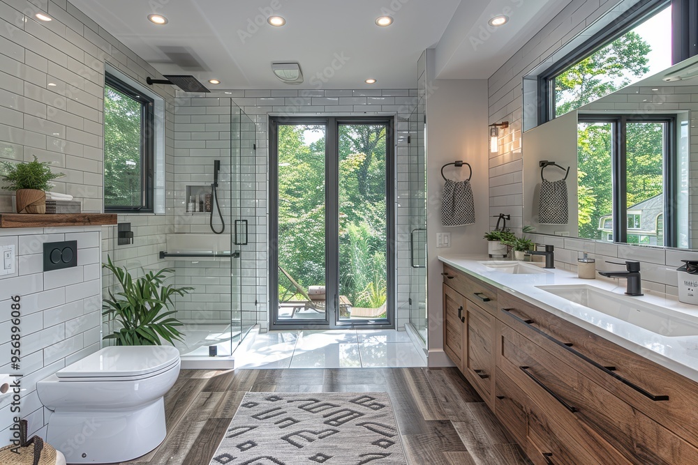 Minimalist Bathroom A clean, simple bathroom with white tiles, a floating vanity, and a walk-in shower. Include modern fixtures and natural light Minimalist Bathroom A clean, simple bathroom with white tiles, a floating vanity, and a walk-in shower. Include modern fixtures and natural light