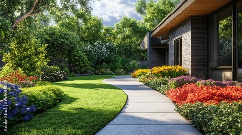 Front view of a house with a vibrant garden and a clean concrete walkway, showcasing a beautifully landscaped front yard. Ideal for outdoor living concepts.