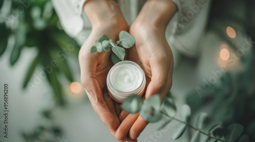 Delicate hands cradle a jar of cream amidst soft greenery, creating an atmosphere of natural luxury and care.