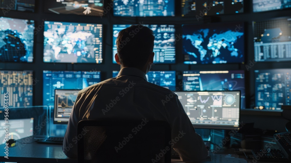 A person concentrates deeply while surrounded by multiple monitors displaying various data and systems in a high-tech control room. A person concentrates deeply while surrounded by multiple monitors displaying various data and systems in a high-tech control room.