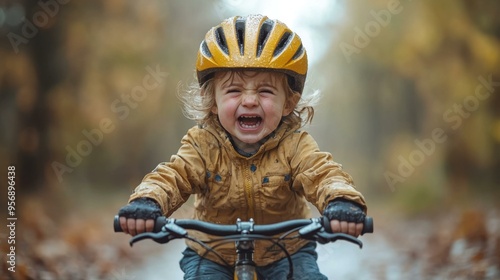 A Young Child Crying While Riding a Bike in the Rain