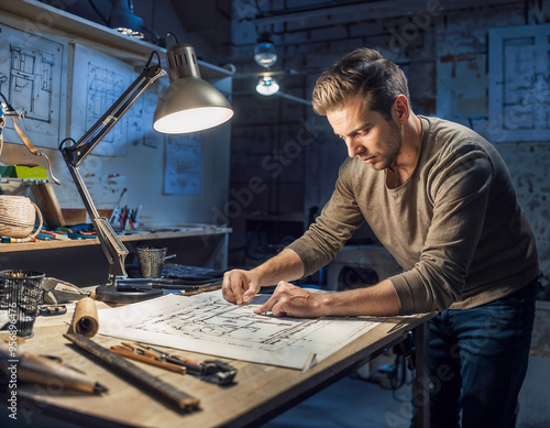 an engineer works late designing a product