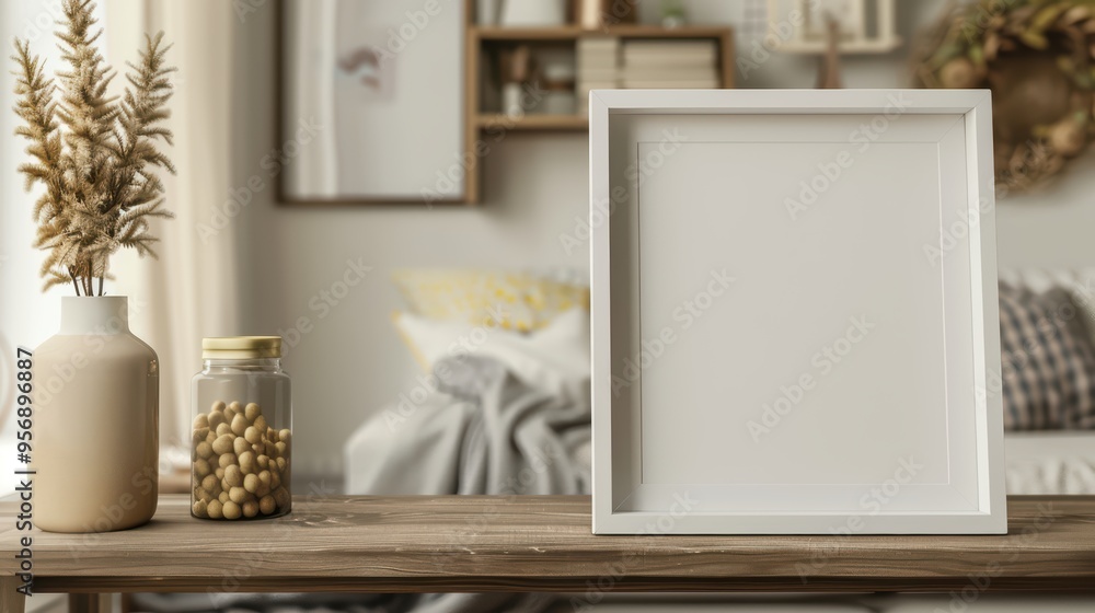 A stylish interior scene featuring a blank photo frame, a vase, and decorative elements on a wooden table. A stylish interior scene featuring a blank photo frame, a vase, and decorative elements on a wooden table.