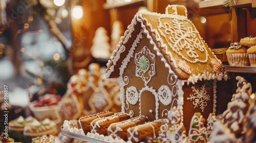 A beautifully decorated gingerbread house adorned with intricate icing designs and surrounded by other festive baked goods in a cozy holiday market setting.