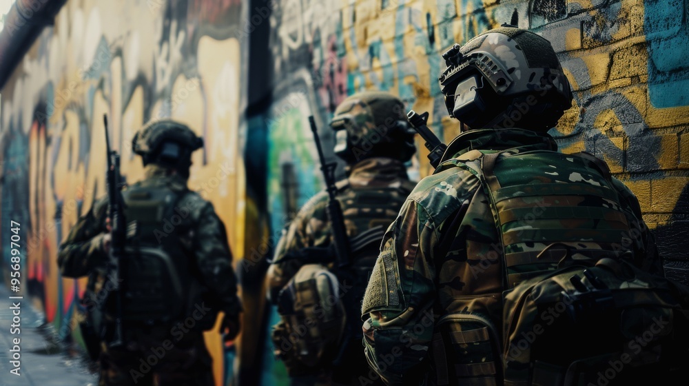 Obraz premium Weathered soldiers in full gear navigate through graffiti-laden alleyways, juxtaposing the gritty realities of urban life with military duty.