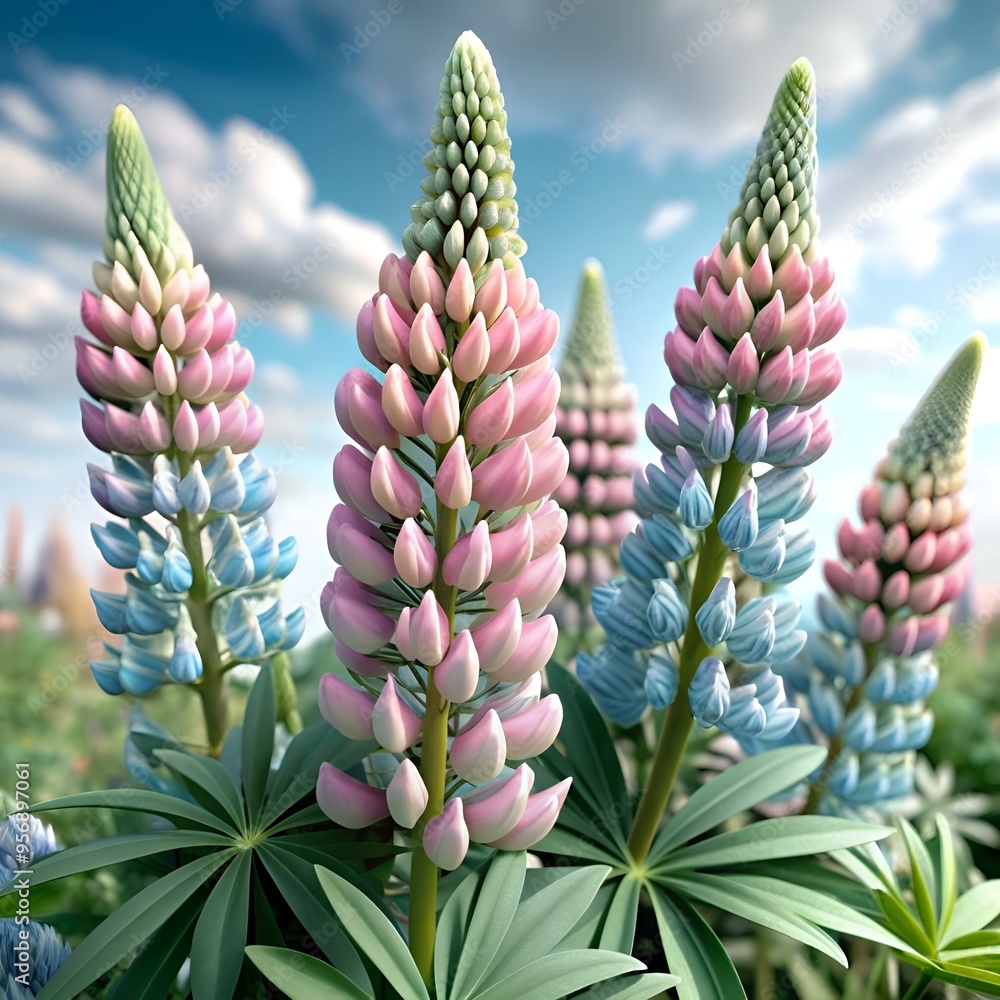 A vibrant 3D illustration of blooming lupine flowers in pink and blue hues. A vibrant 3D illustration of blooming lupine flowers in pink and blue hues.