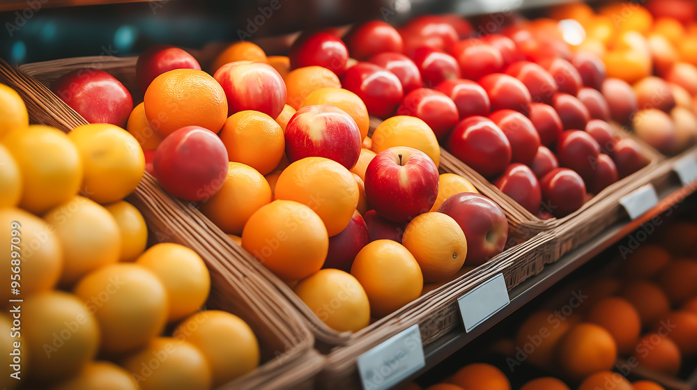 Fresh fruits arrange in grocery store, Red apples, Tomatoes, Yellow peaches and oranges, Fruit market stall Fresh fruits arrange in grocery store, Red apples, Tomatoes, Yellow peaches and oranges, Fruit market stall