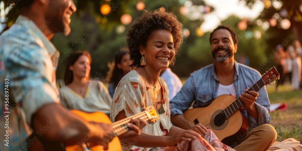 A smiling family sitting together on a blanket at a music festival, enjoying live outdoor music A smiling family sitting together on a blanket at a music festival, enjoying live outdoor music